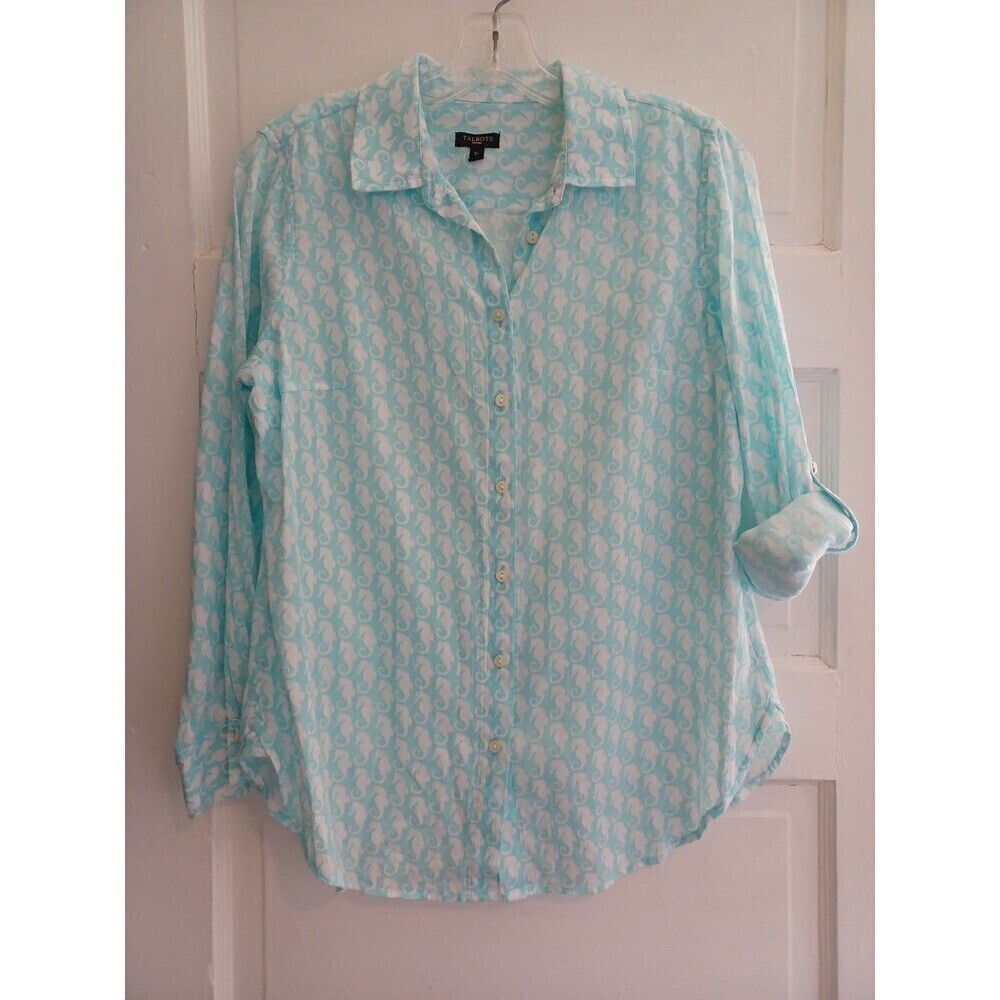 Talbots seahorse aqua buttoned shirt SPetite preppy resort coast blouse top